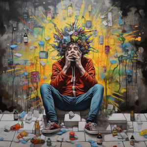 un homme assis par terre contre un mur avec la tête qui explose de pensées sur toutes les addictions
