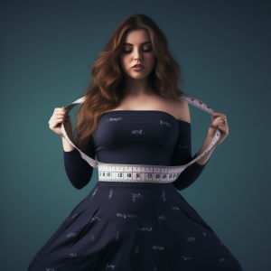 Femme en robe bleu qui a autour de la taille un mètre de couturière qu'elle resserre